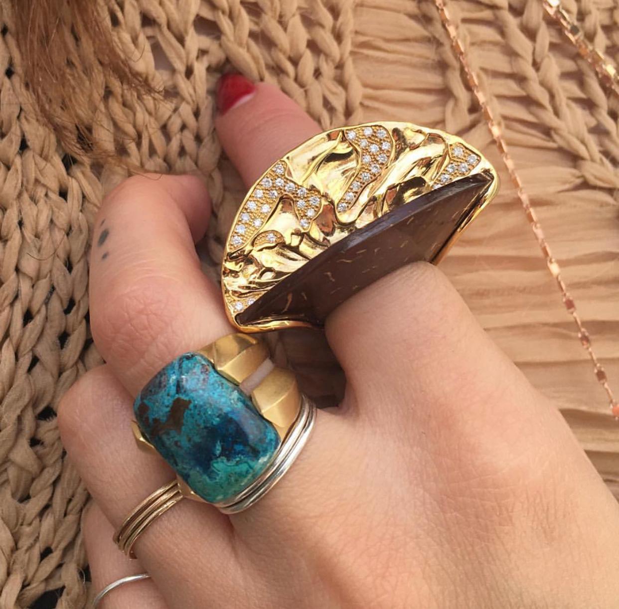 Contemporary Double Ridge Chrysocolla Cocktail Ring 18k Yellow Gold