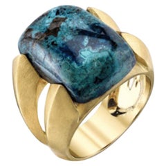 Double Ridge Chrysocolla Cocktail Ring 18k Yellow Gold