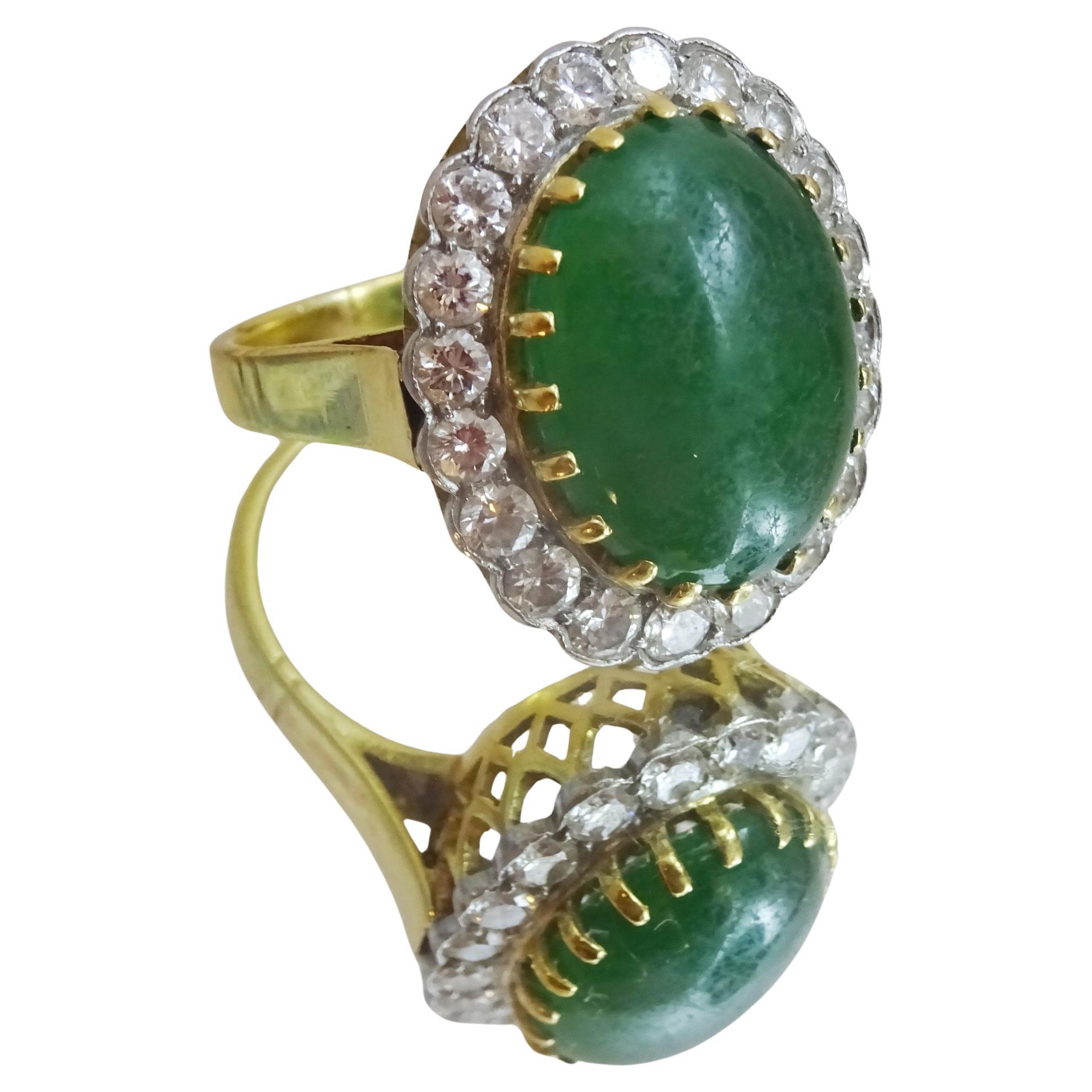 18 Karat Dark Green Jade and Diamond Ring