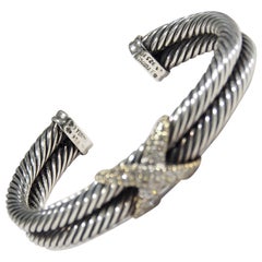 18 Karat David Yurman Diamond X-Cuff Bracelet Sterling Silver Crossover