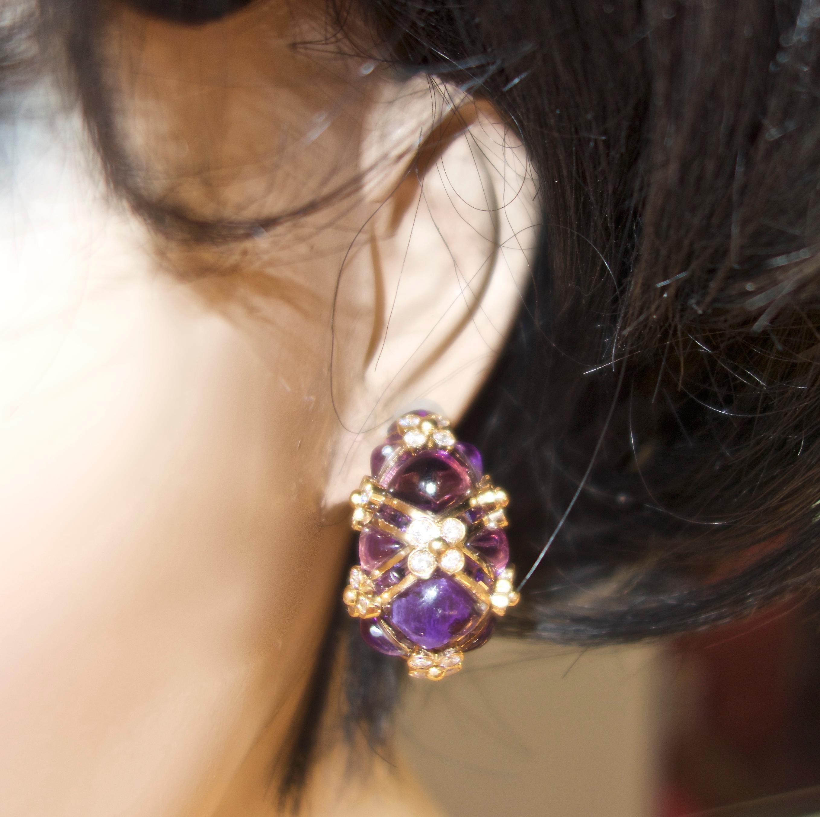 Women's or Men's 18 Karat Diamond and Amethyst Earrings