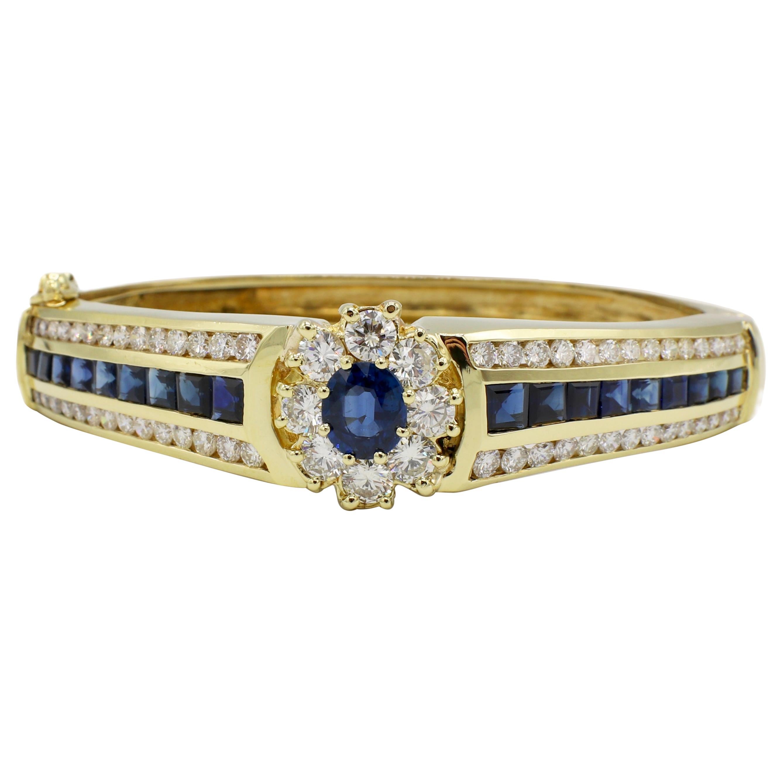 GIA Certified 18 Karat Diamond and Blue Sapphire Hinged Bangle Bracelet