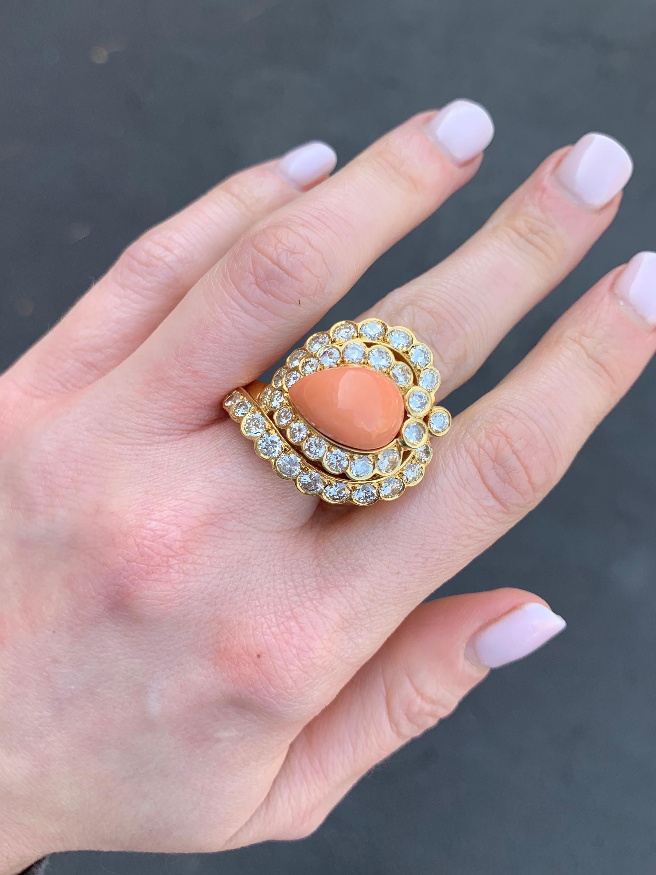 18 Karat Diamond and Coral Cocktail Ring For Sale 3