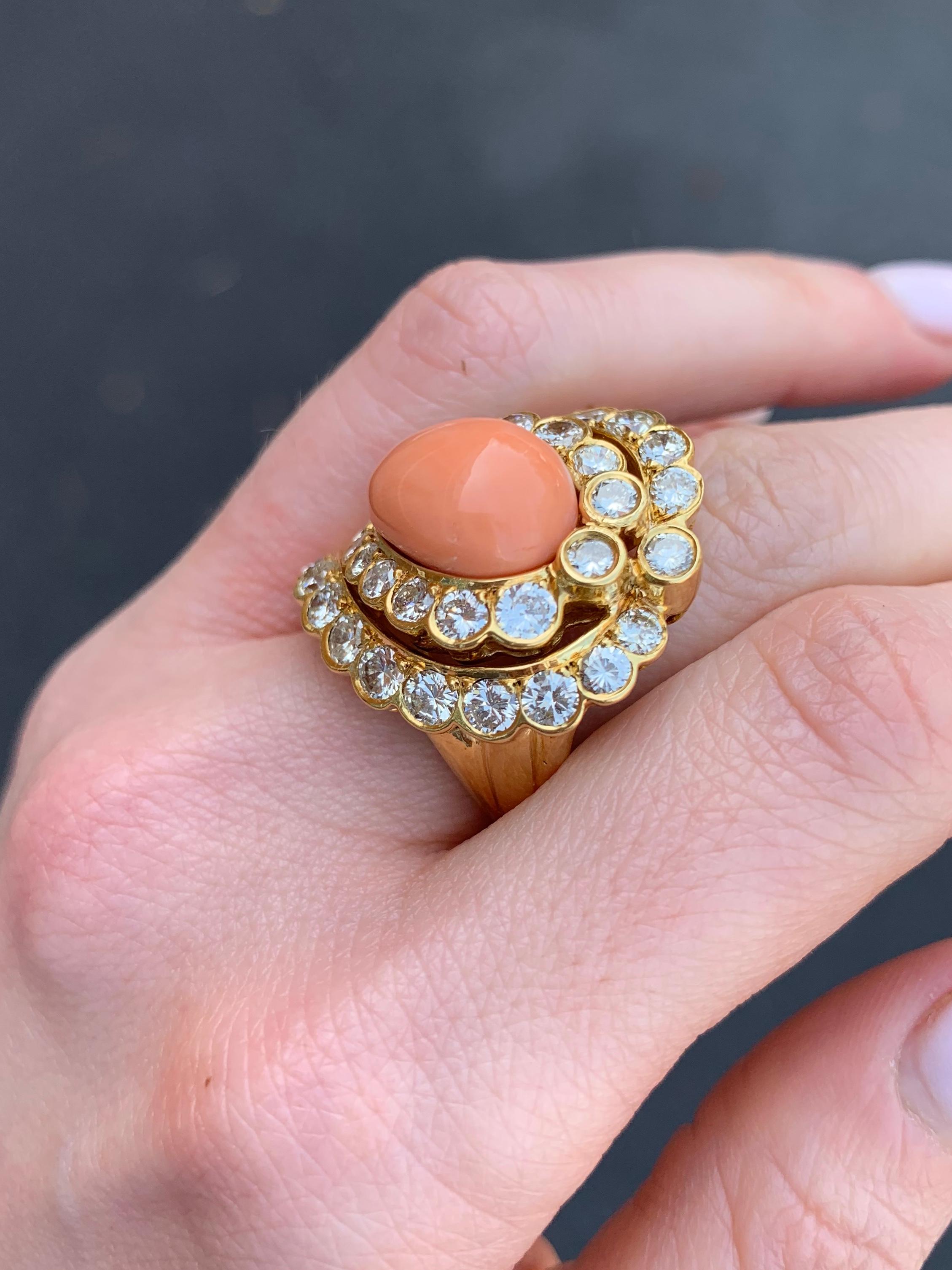 18 Karat Diamond and Coral Cocktail Ring For Sale 4