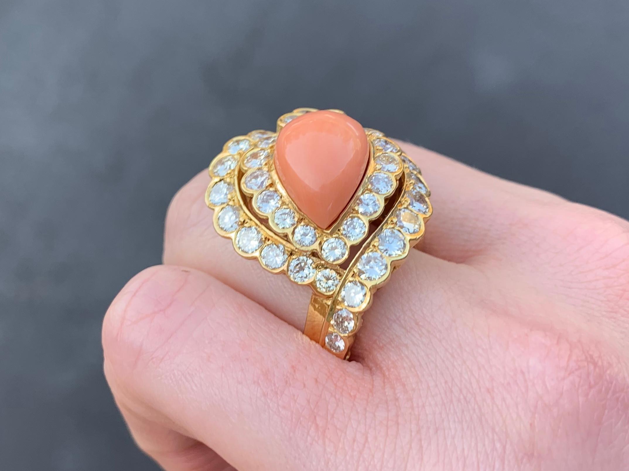 18 Karat Diamond and Coral Cocktail Ring For Sale 5
