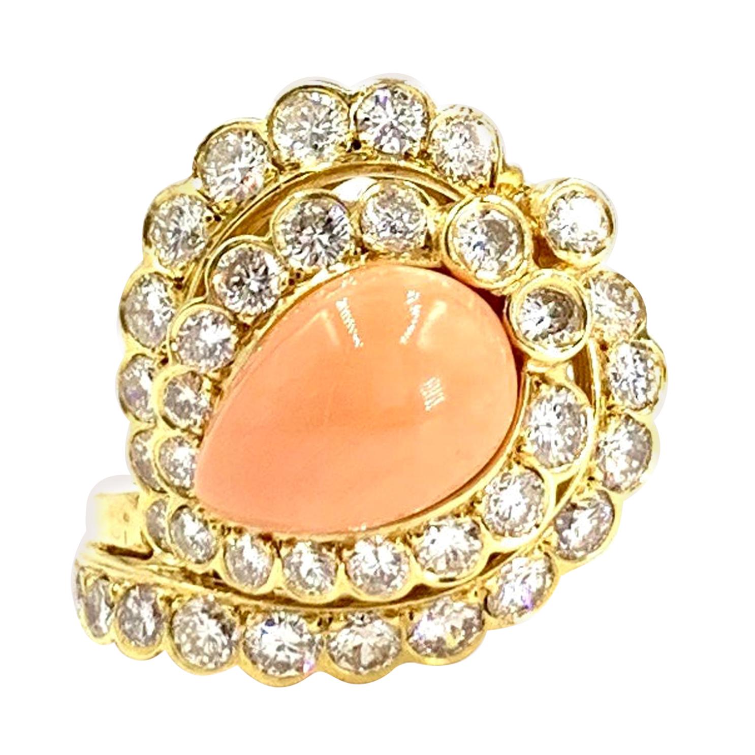 18 Karat Diamond and Coral Cocktail Ring For Sale
