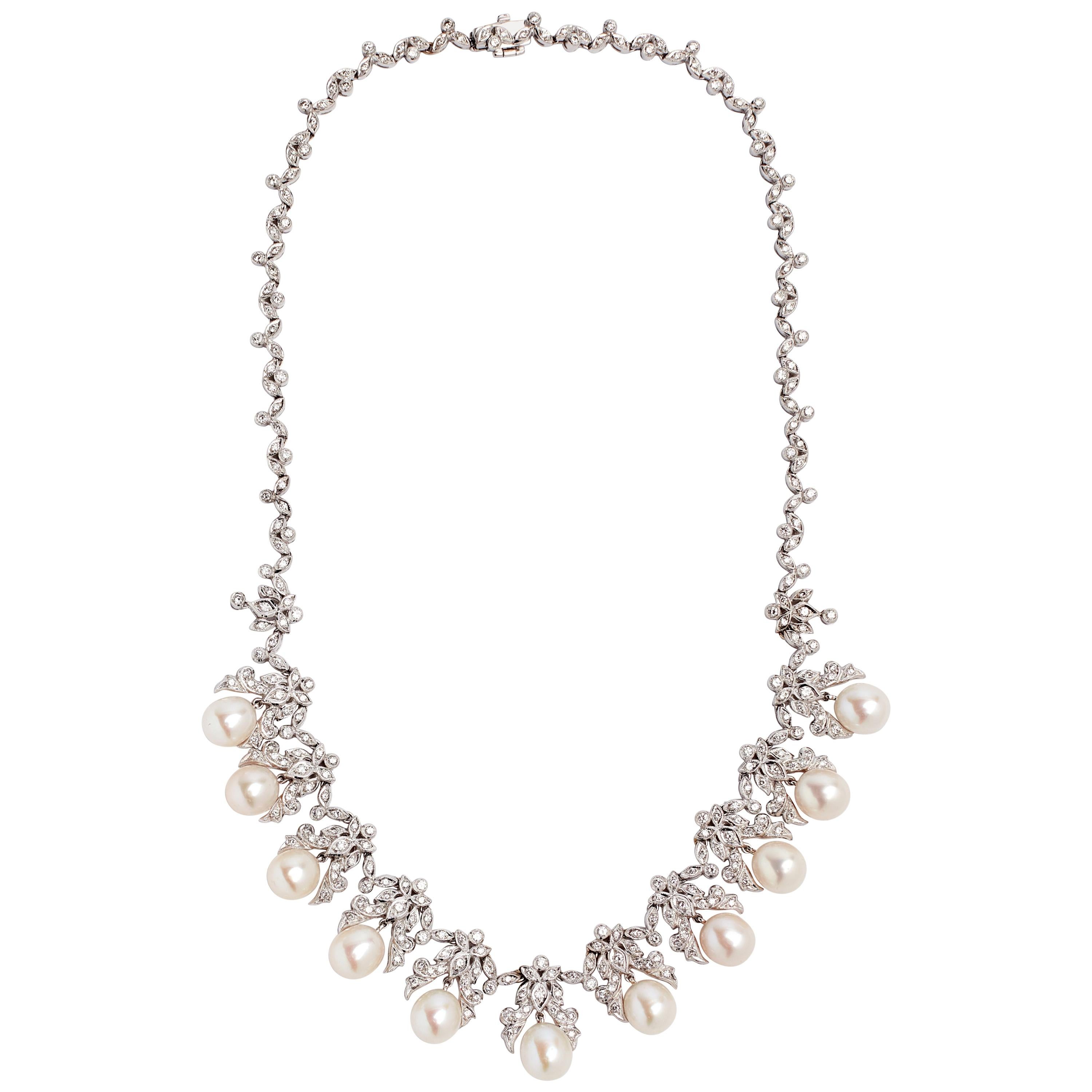 18 Karat Diamond and Cultured Pearl Necklace