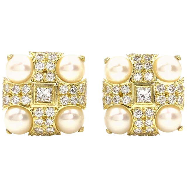 18 Karat Diamond and Cultured Pearl Square Button Earrings For Sale at ...