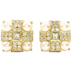 Vintage 18 Karat Diamond and Cultured Pearl Square Button Earrings