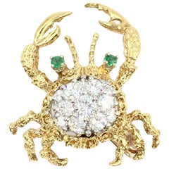 Vintage 18 Karat Diamond and Emerald Crab Brooch