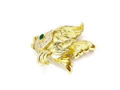 18 Karat Diamond and Emerald Fish Brooch