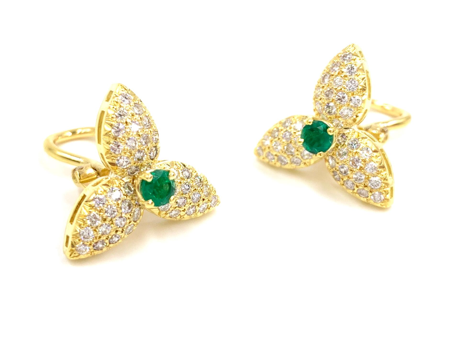 Round Cut 18 Karat Diamond and Emerald Floral Earrings For Sale