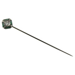 18 Karat Diamond and Emerald Stick Pin Art Deco Brooch