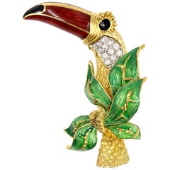 18 Karat Diamond and Enamel Toucan Bird Brooch