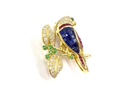 18 Karat Diamond and Gemstone Parrot Brooch