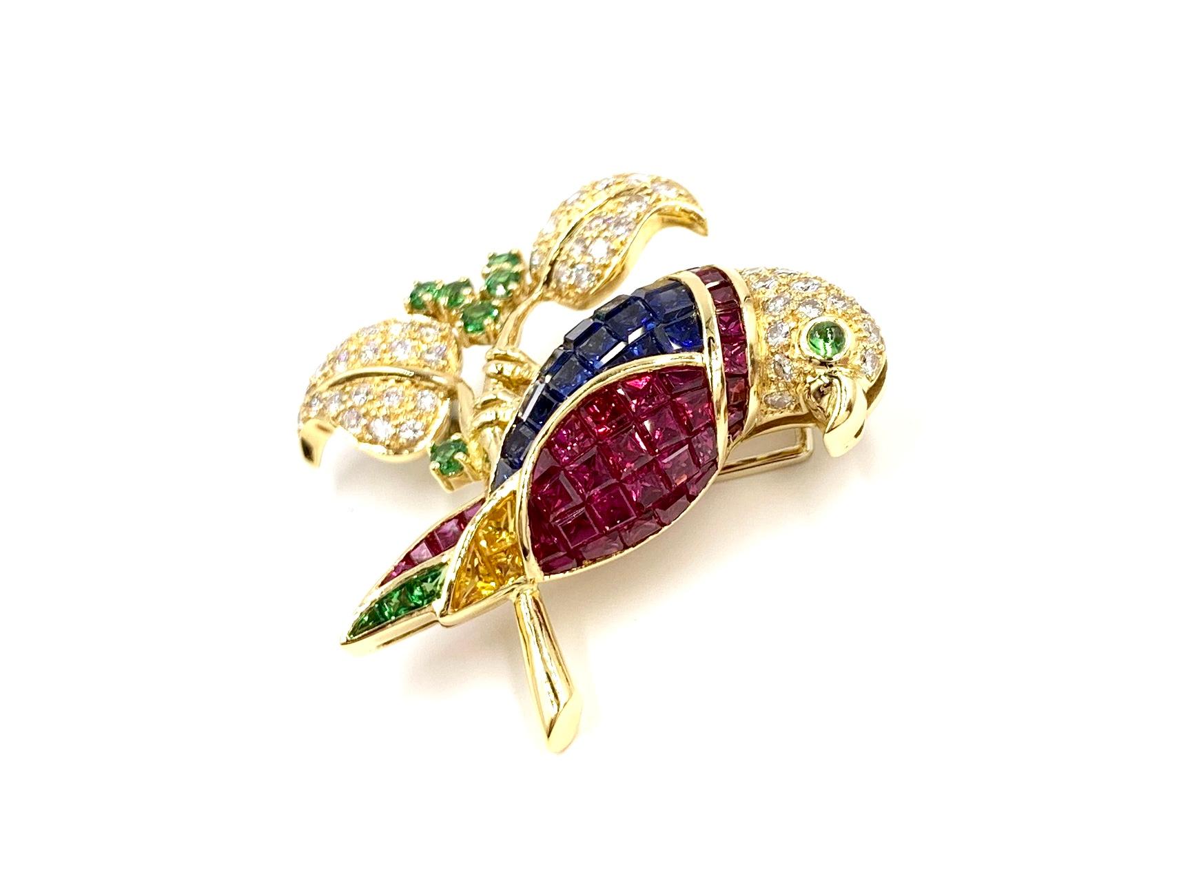 18 Karat Diamond and Gemstone Parrot Brooch In Excellent Condition For Sale In Pikesville, MD