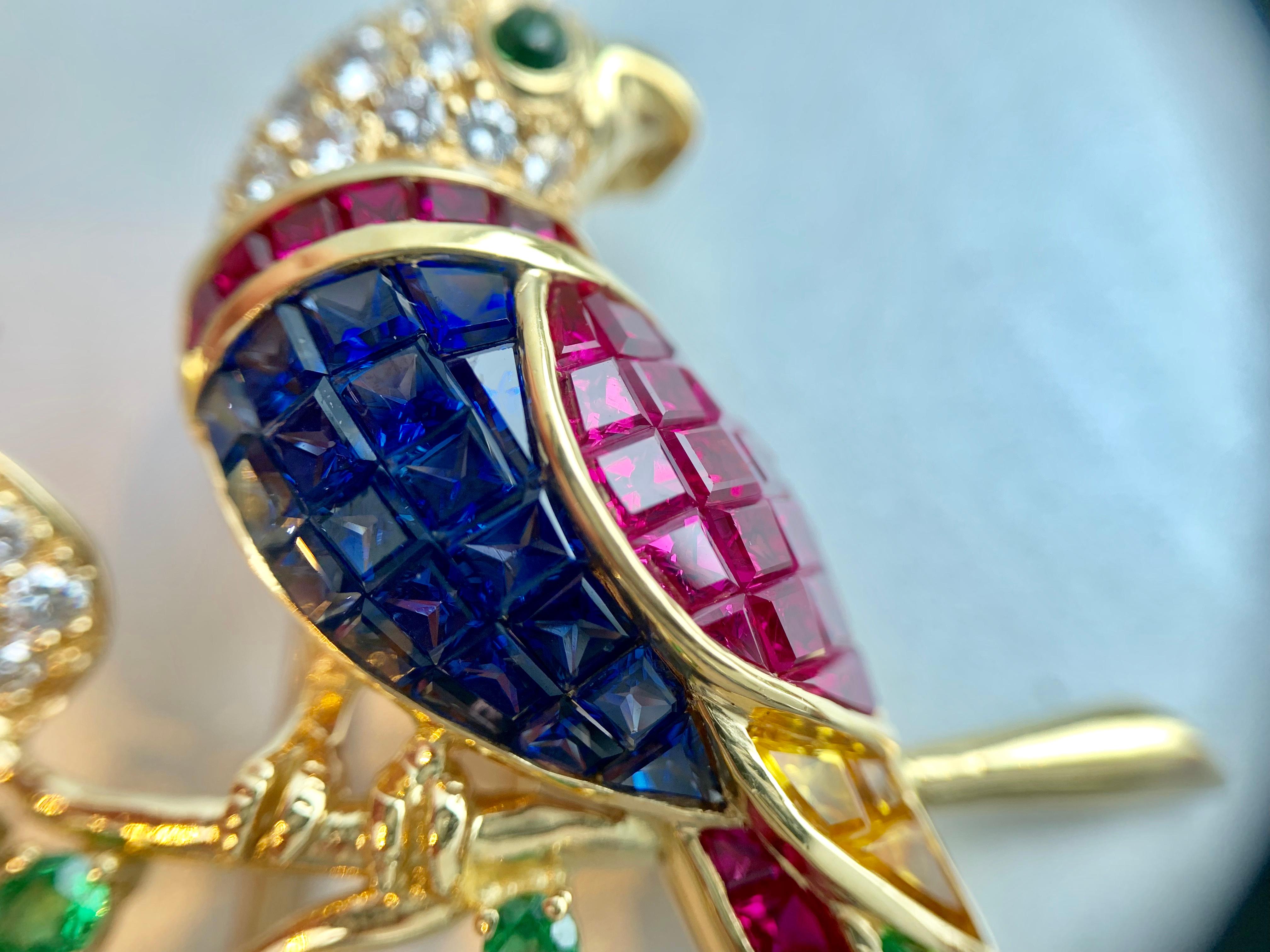 18 Karat Diamond and Gemstone Parrot Brooch For Sale 4