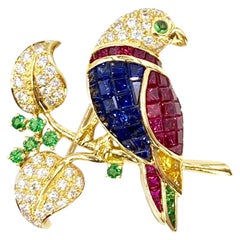 Vintage 18 Karat Diamond and Gemstone Parrot Brooch