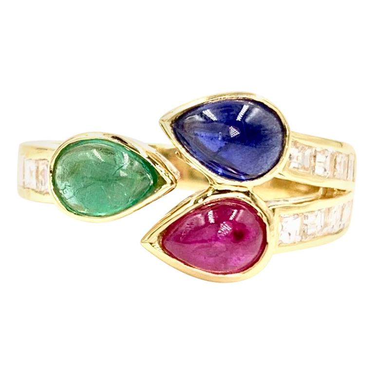 18 Karat Diamond and Precious Gemstone Bypass Modern Ring