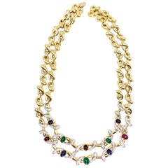 18 Karat Diamond and Precious Gemstone Linked Necklace