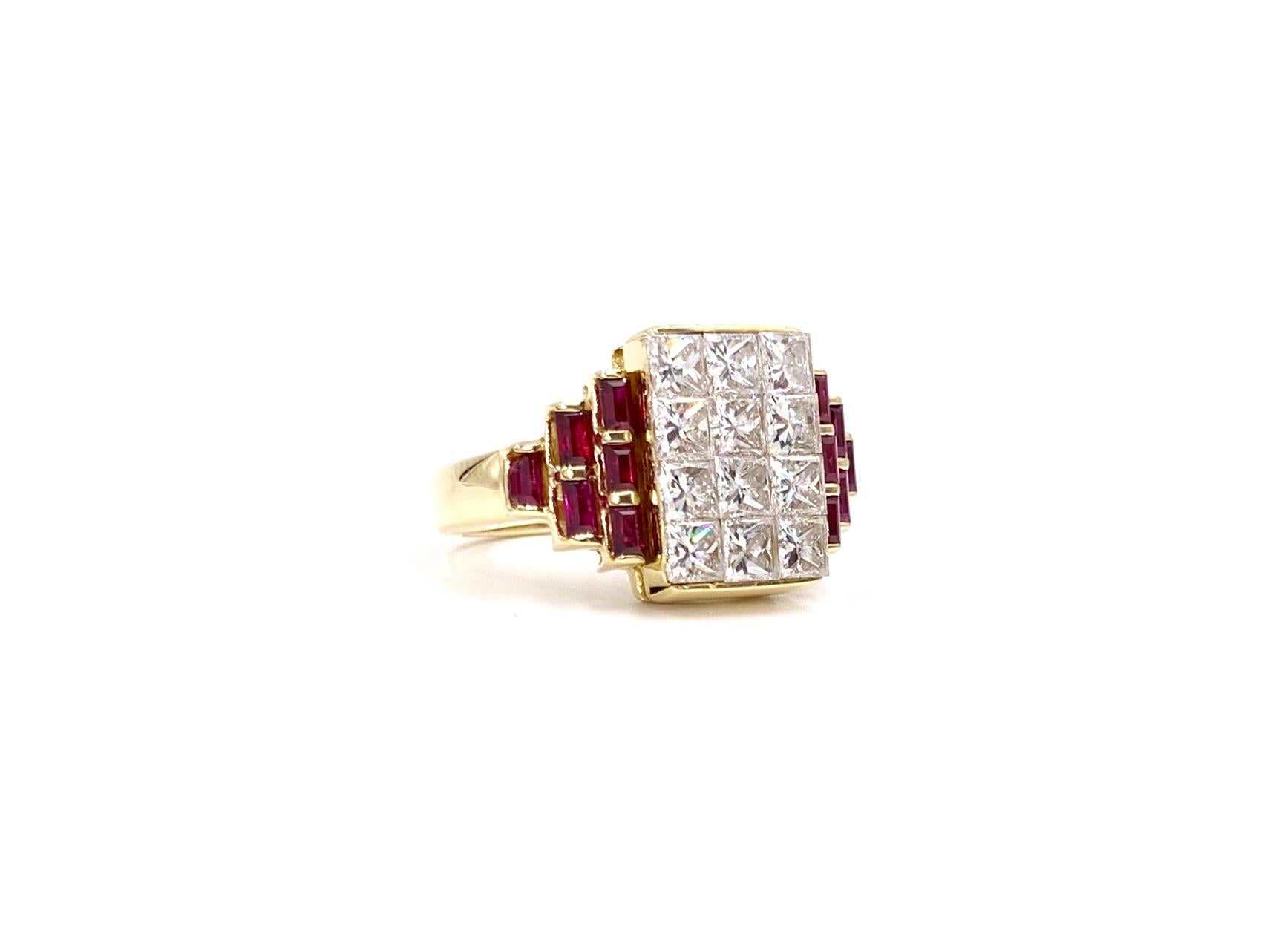 A very well made contemporary cocktail ring with an Art Deco inspired flair featuring 12 expertly invisibly set princess cut high quality diamonds at approximately 1.44 carats total weight flanked by 12 vivid rubies at approximately .75 carats total