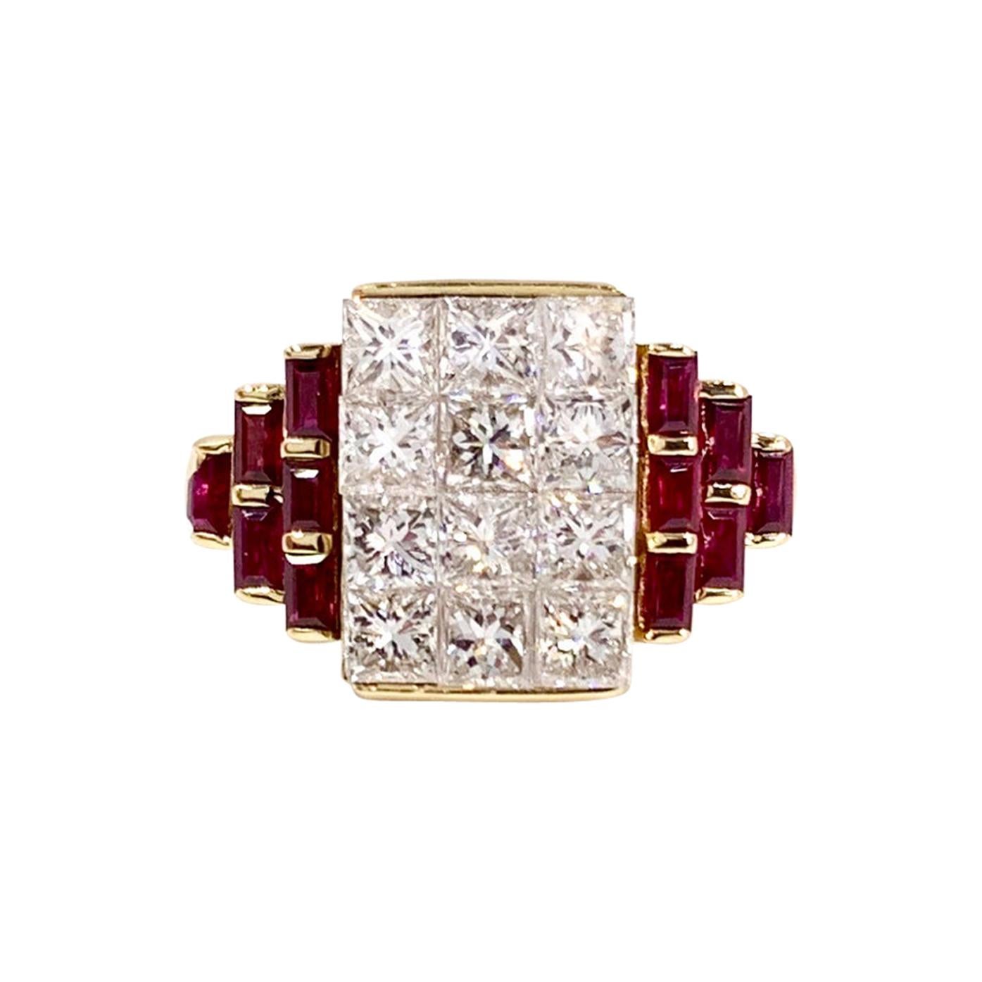 18 Karat Diamond and Ruby Cocktail Ring For Sale