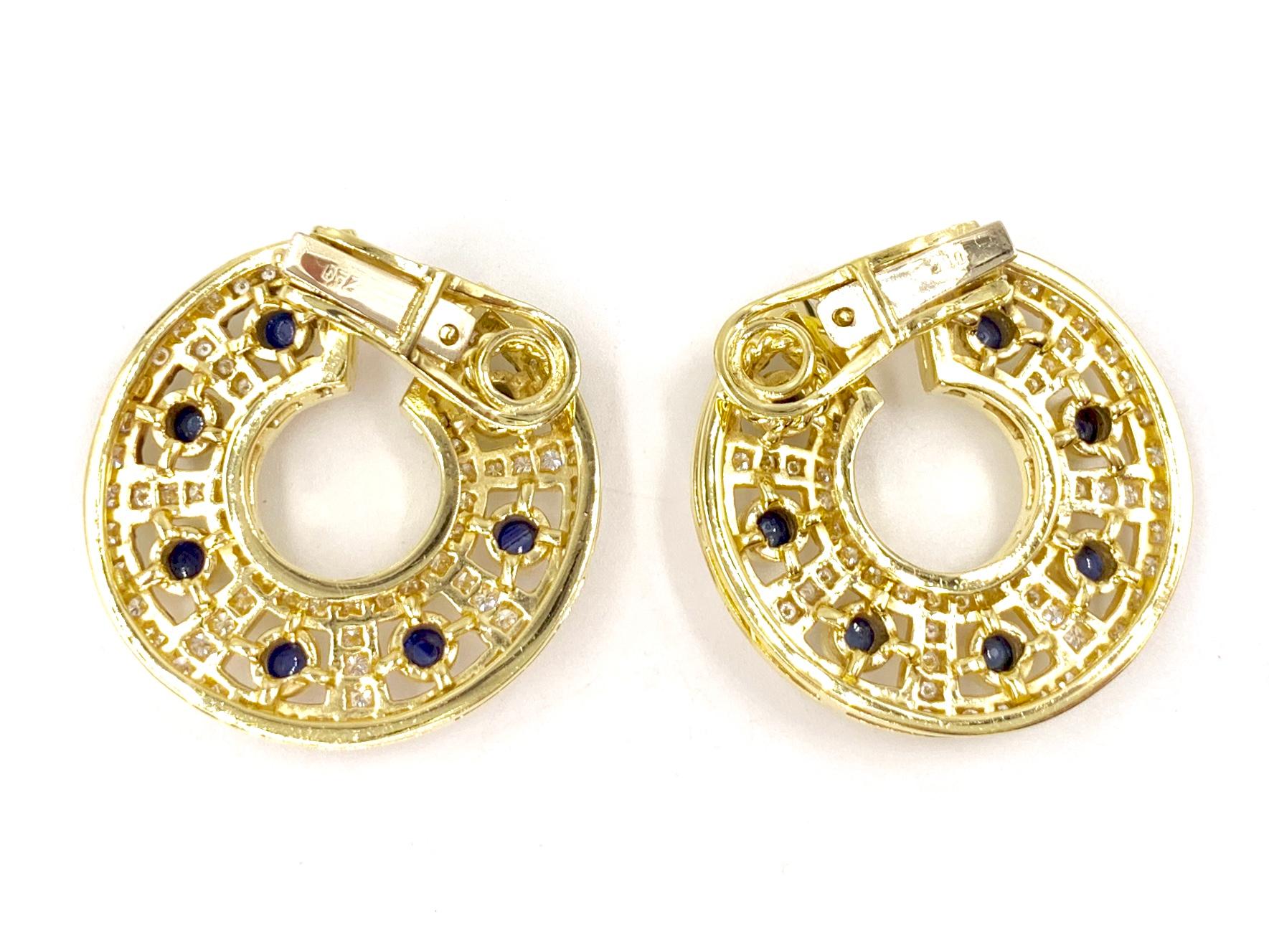 Women's 18 Karat Diamond and Sapphire Fancy Hoop Earring For Sale