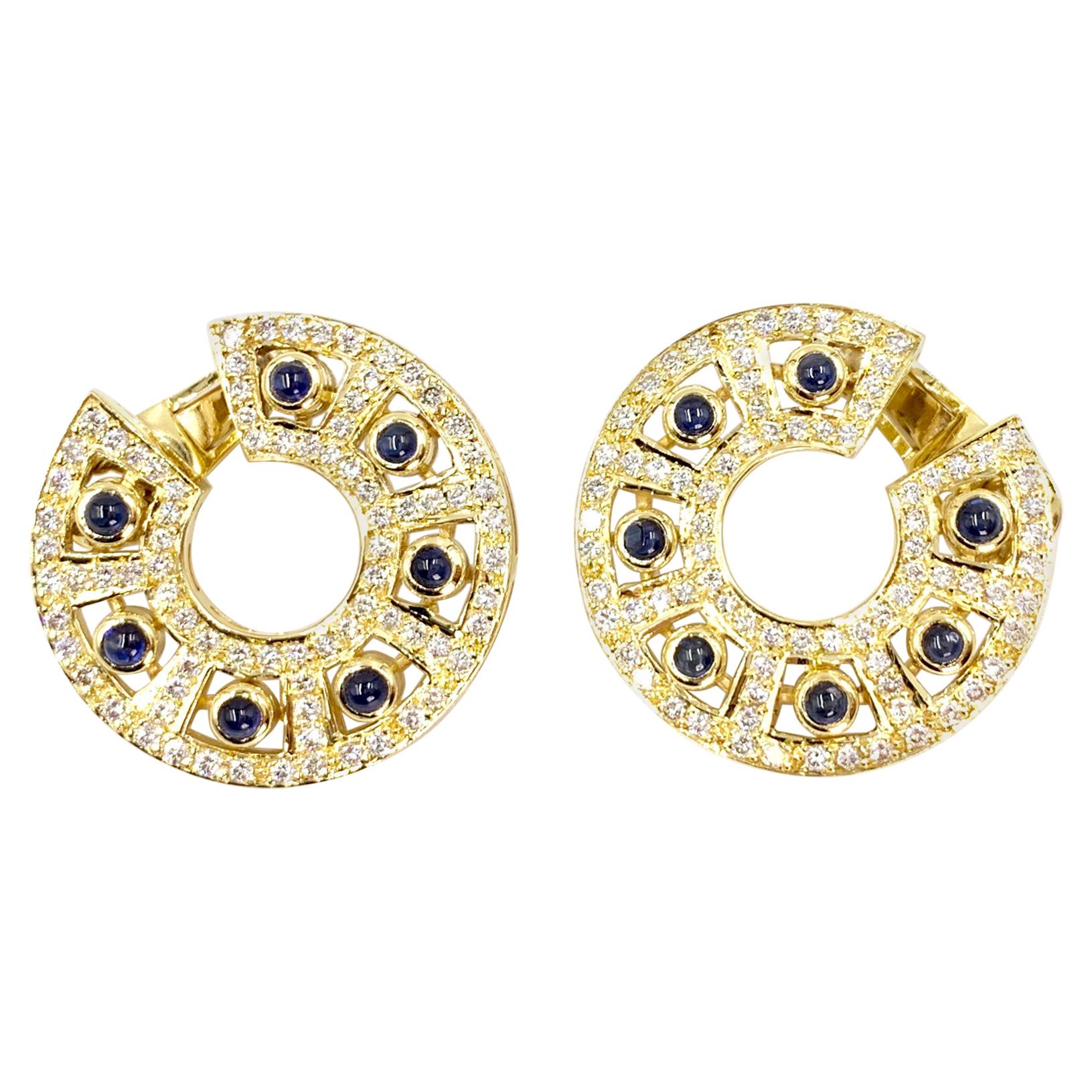 18 Karat Diamond and Sapphire Fancy Hoop Earring For Sale