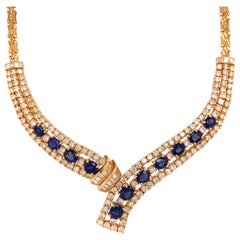 18 Karat Diamond and Sapphire Necklace Yellow Gold