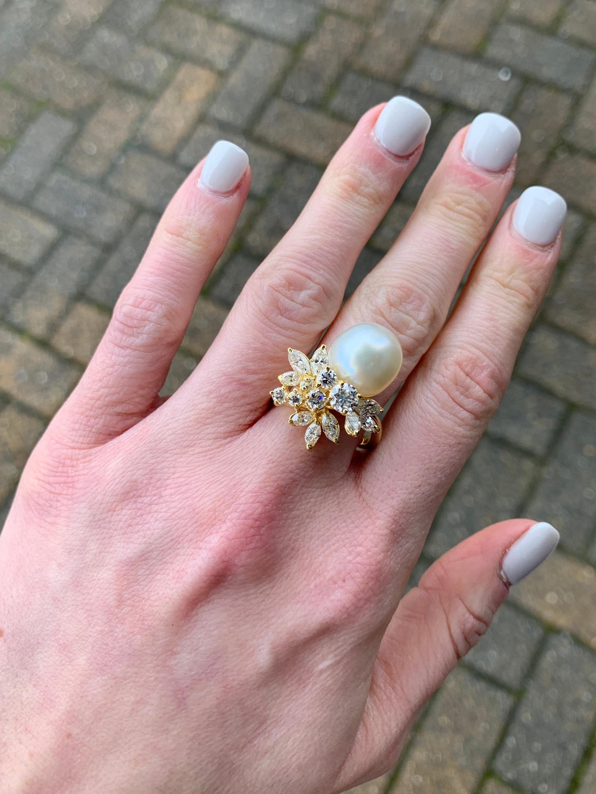 Women's 18 Karat Diamond and South Sea Pearl Cocktail Ring For Sale