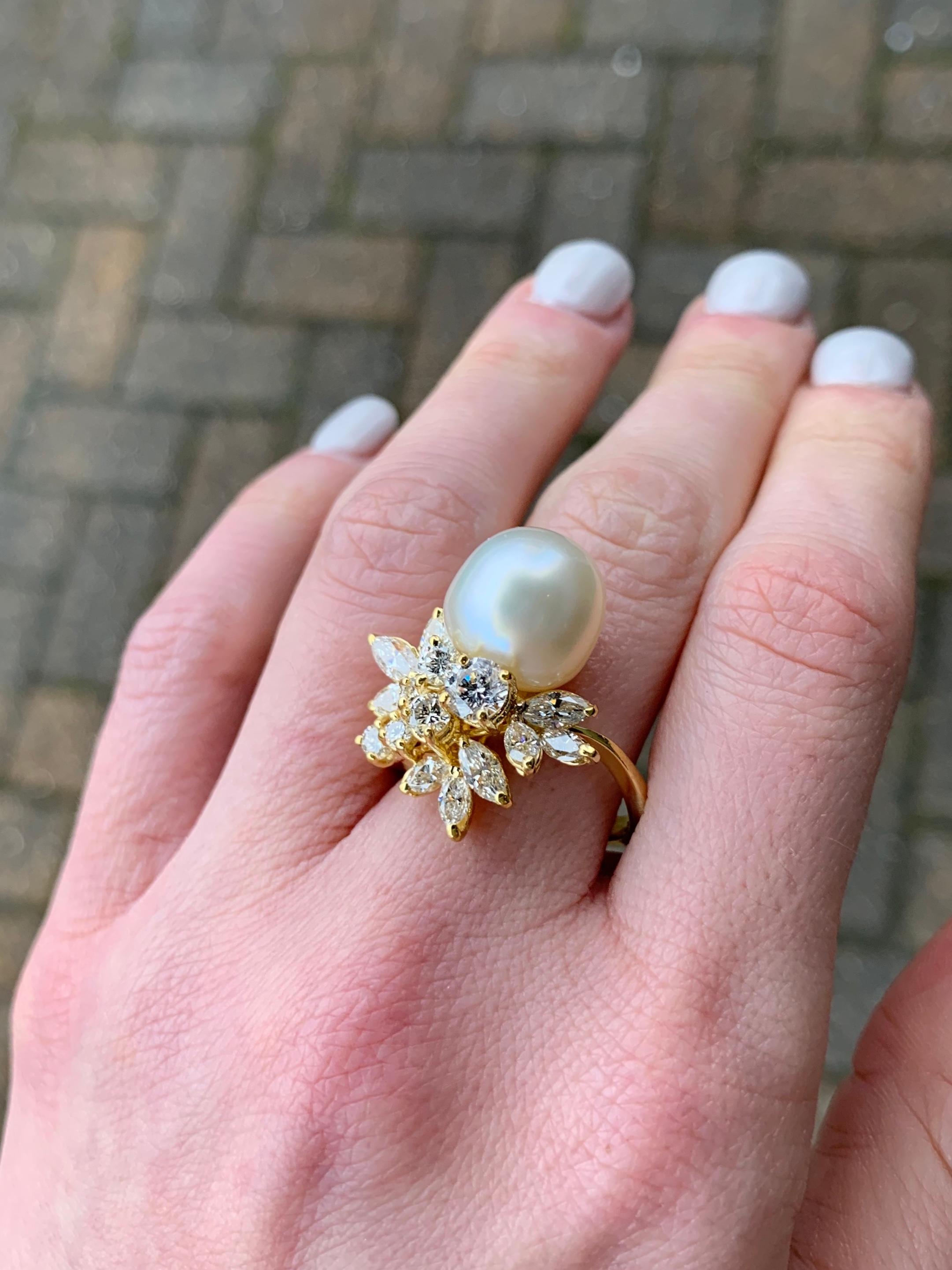 18 Karat Diamond and South Sea Pearl Cocktail Ring For Sale 1