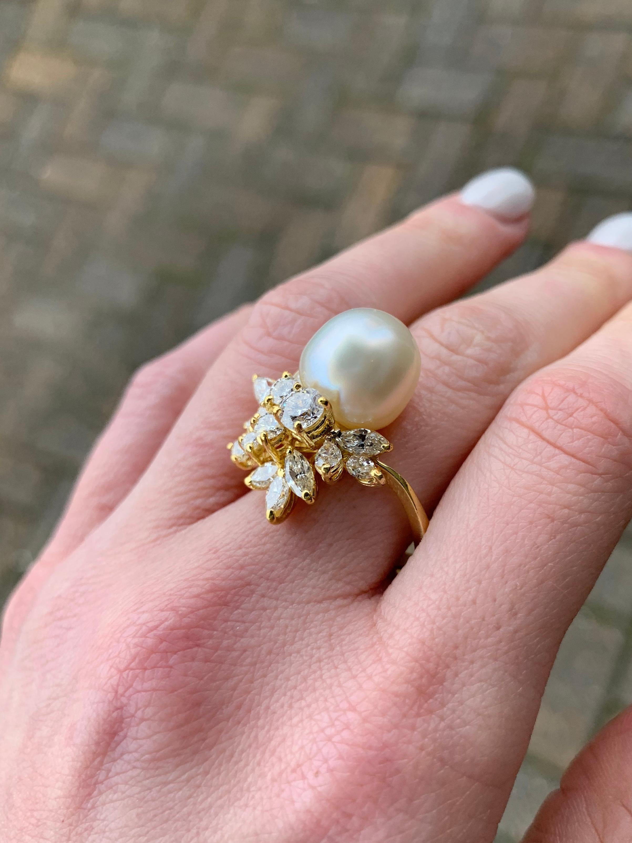18 Karat Diamond and South Sea Pearl Cocktail Ring For Sale 2