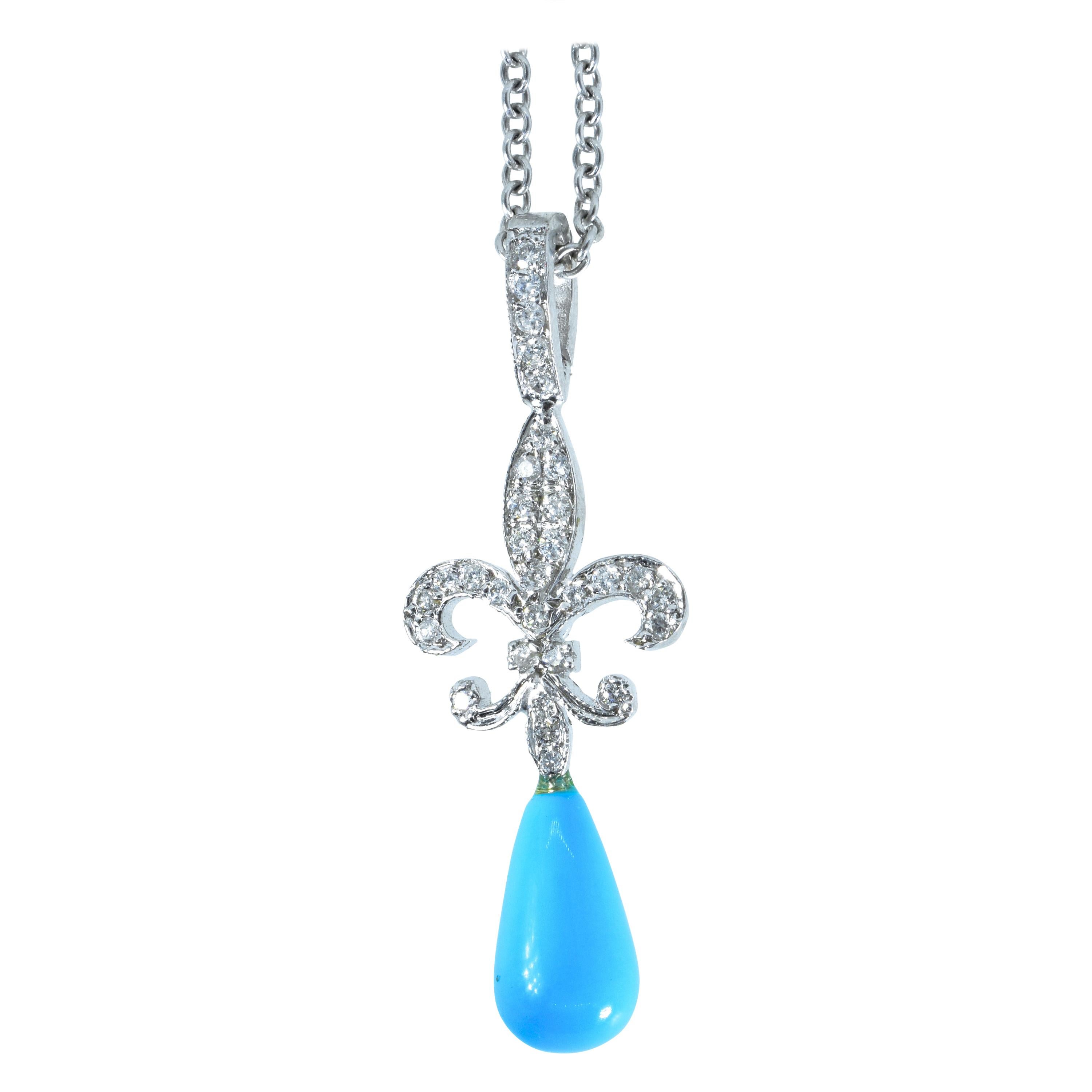 18 Karat Diamond and Turquoise Fleur de Lis Pendant