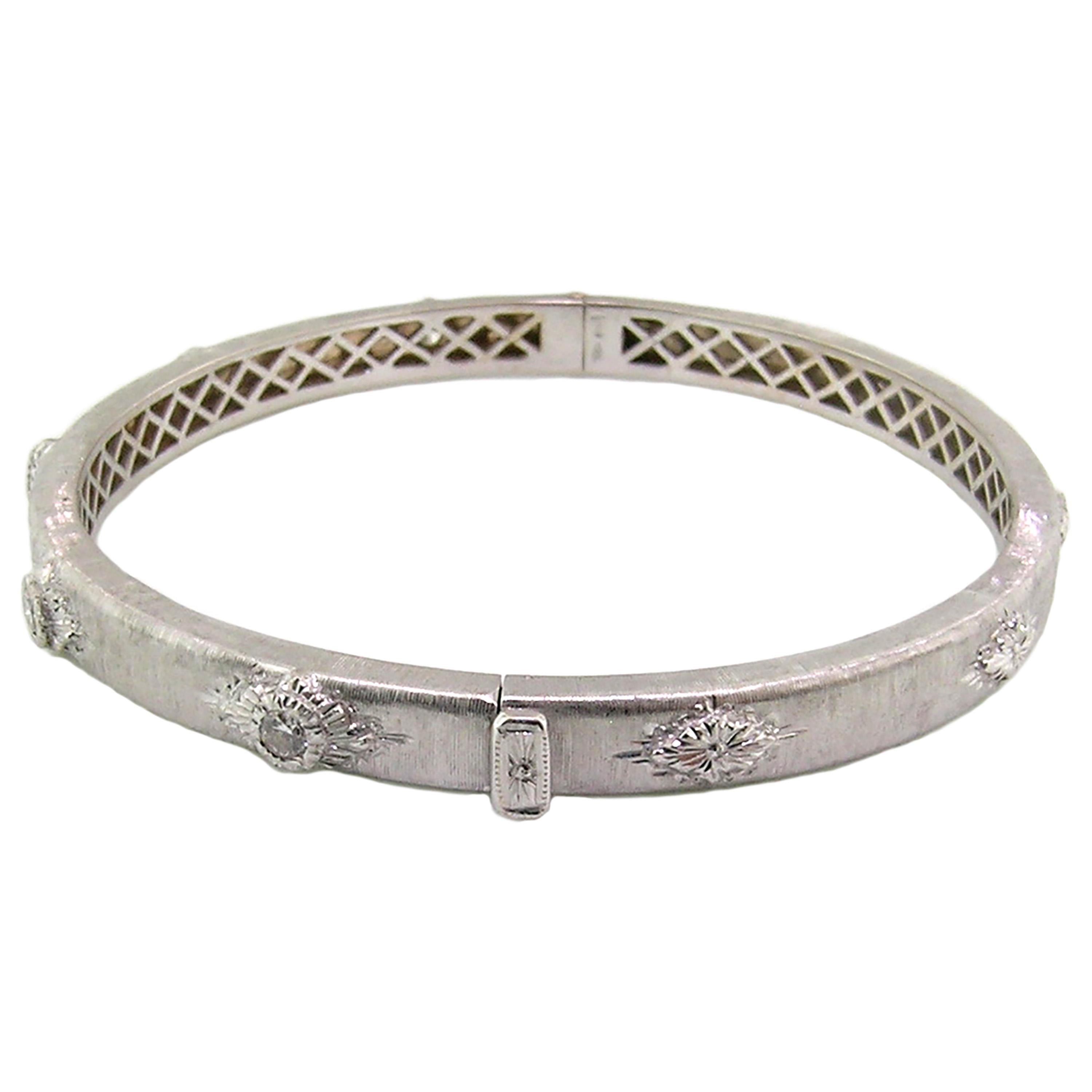 Round Cut 18 Karat Diamond Bangle in White, Handmade and Hand Engraved in Florence, Italy