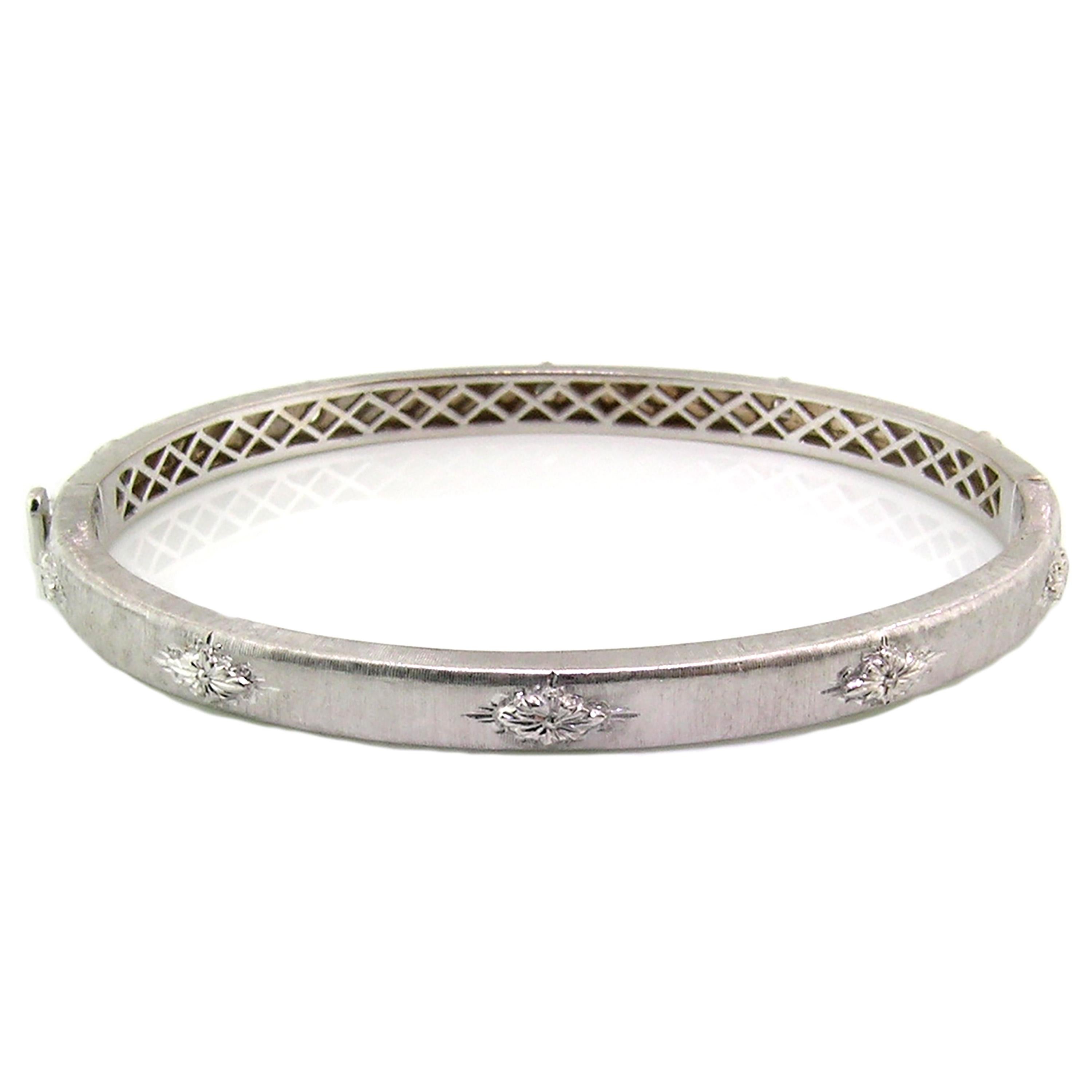 18 Karat Diamond Bangle in White, Handmade and Hand Engraved in Florence, Italy In New Condition In Logan, UT