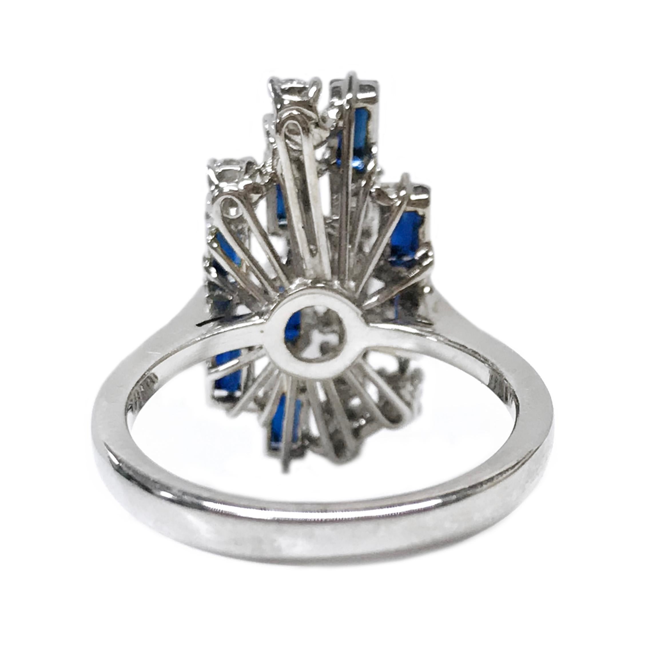 Retro White Gold Diamond Blue Sapphire Emerald-Cut Ring For Sale