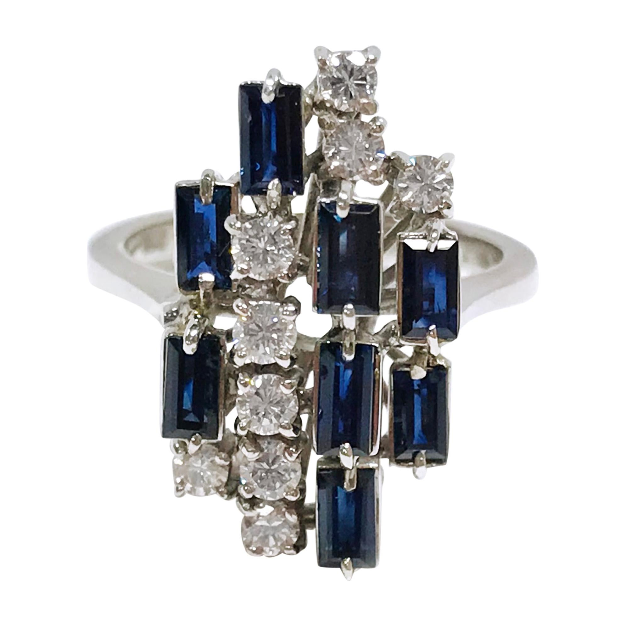 White Gold Diamond Blue Sapphire Emerald-Cut Ring For Sale