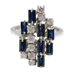 White Gold Diamond Blue Sapphire Emerald-Cut Ring