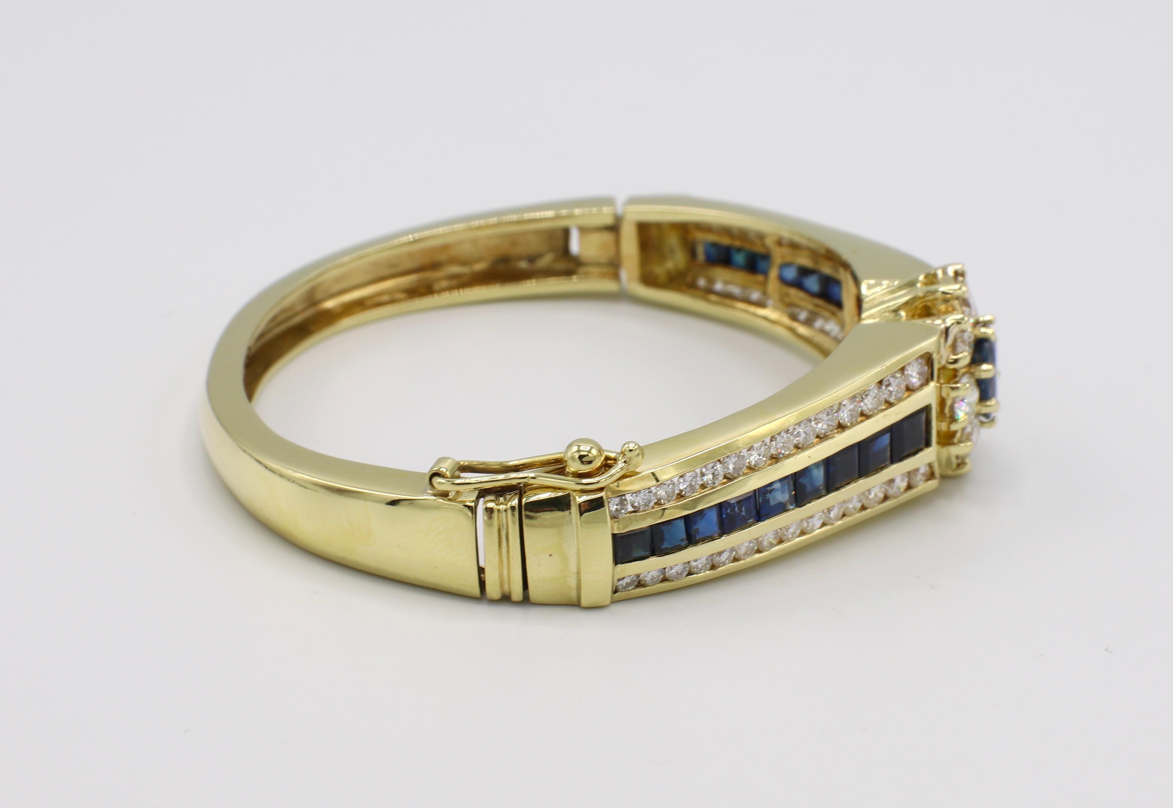 Women's GIA Certified 18 Karat Diamond and Blue Sapphire Hinged Bangle Bracelet