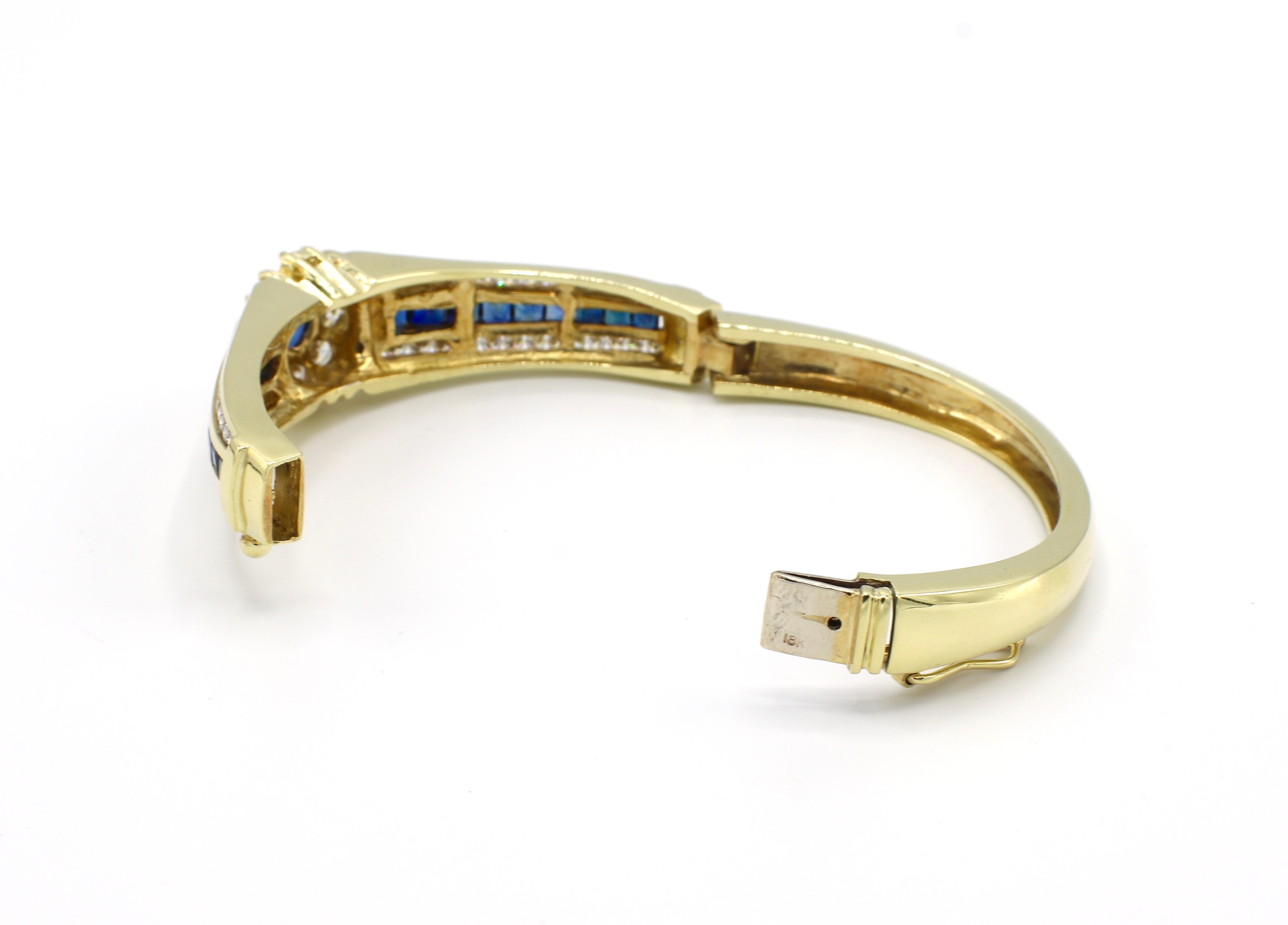 GIA Certified 18 Karat Diamond and Blue Sapphire Hinged Bangle Bracelet 1