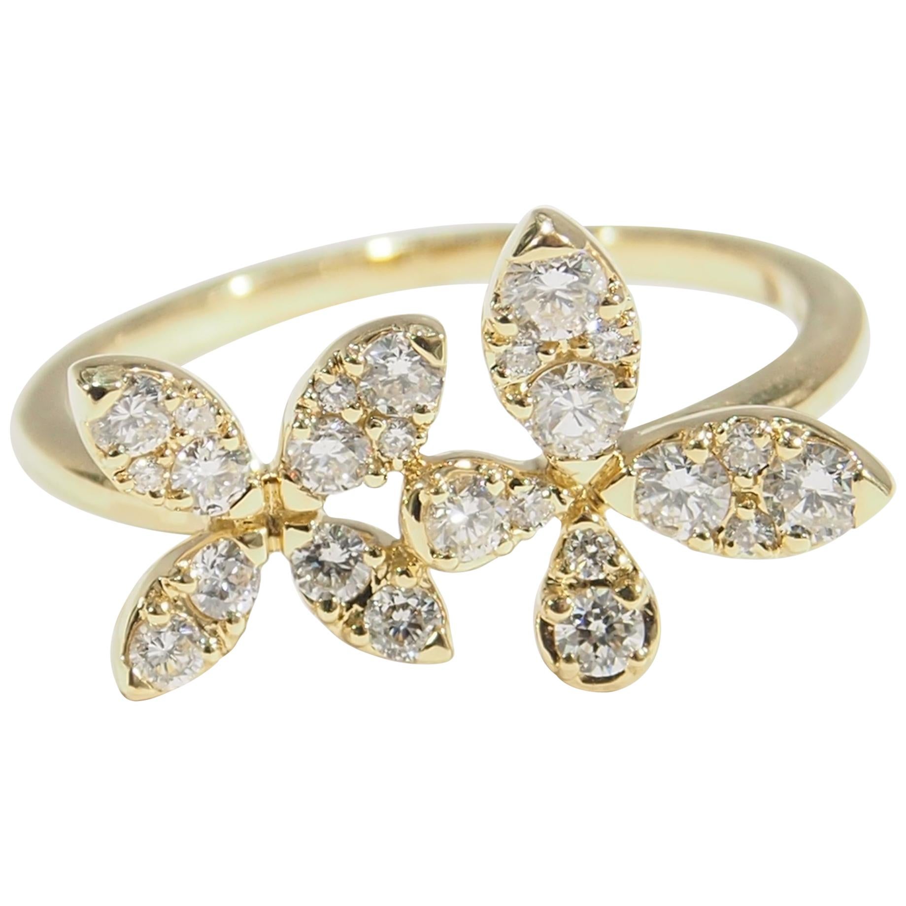 18 Karat Diamond Butterfly Ring cluster Yellow Gold 0.64 Carat