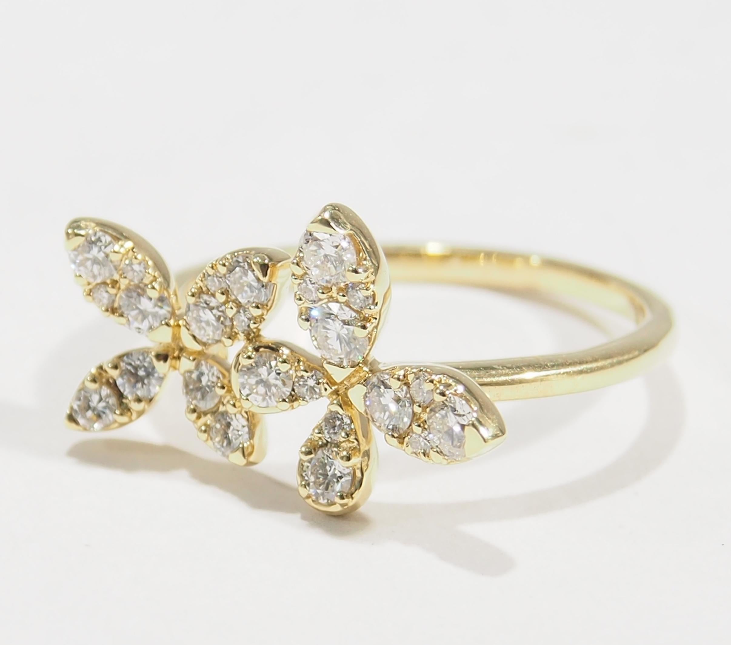 Modern 18 Karat Diamond Butterfly Ring cluster Yellow Gold 0.64 Carat For Sale