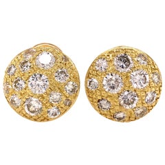 18 Karat Diamond Button Earrings with Milligrain Yellow Gold