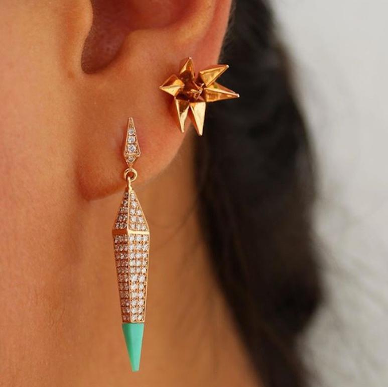 18k Rose Gold Diamond Chrysoprase Pyramid Spear Earrings feature diamond geometric studs attached to two 3D pyramid spears with full pave white diamonds and finished at the tips with custom cut chrysoprase spikes
Includes 18k Rose Gold push closure