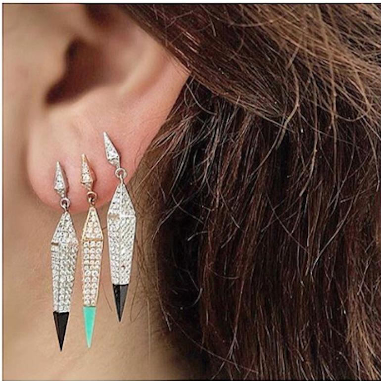 Women's or Men's 18 Karat Diamond Chrysoprase Pyramid Spear Earrings