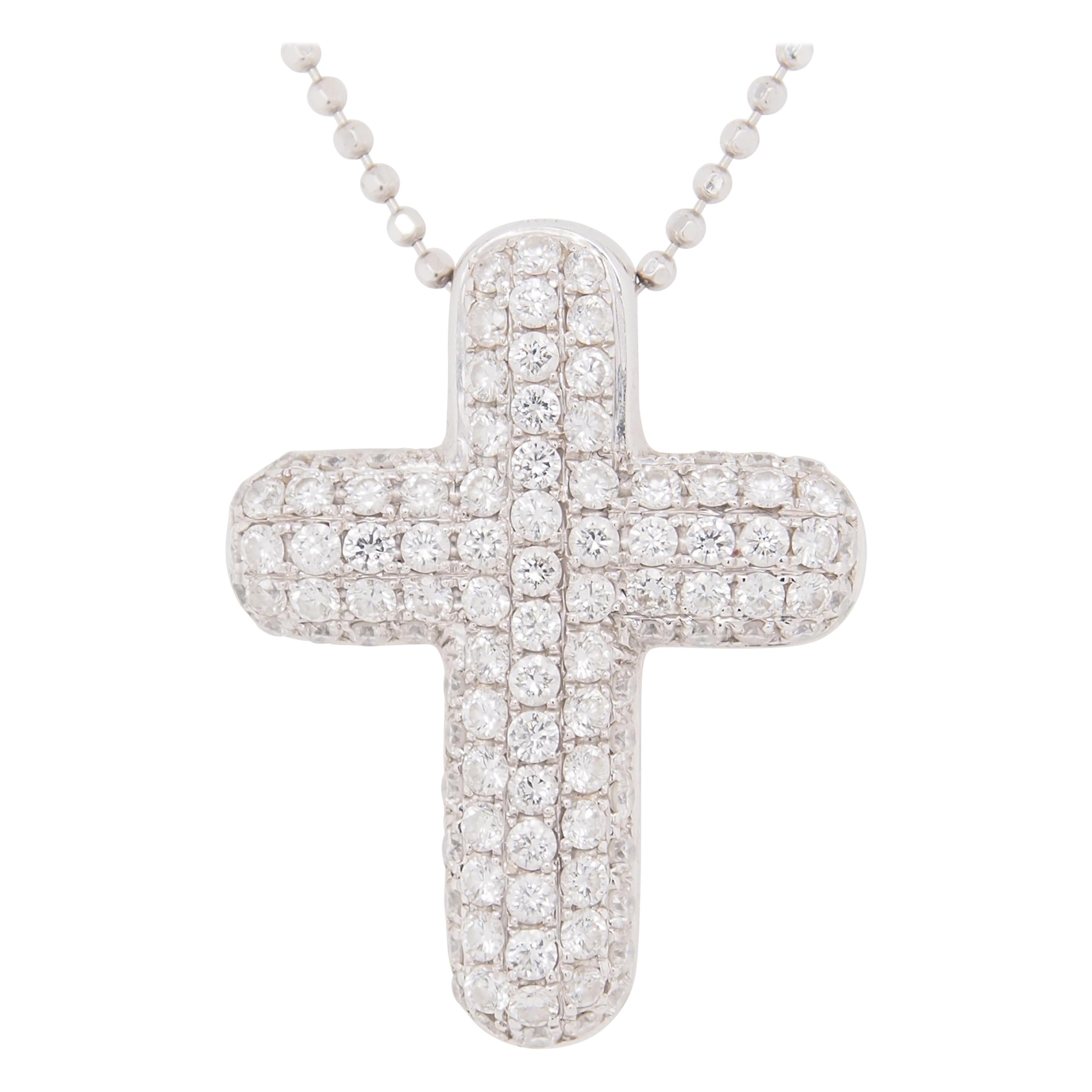 18 Karat Diamond Cross Puff Pendant Necklace White Gold 0.75 Carat For Sale