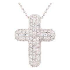 18 Karat Diamond Cross Puff Pendant Necklace White Gold 0.75 Carat