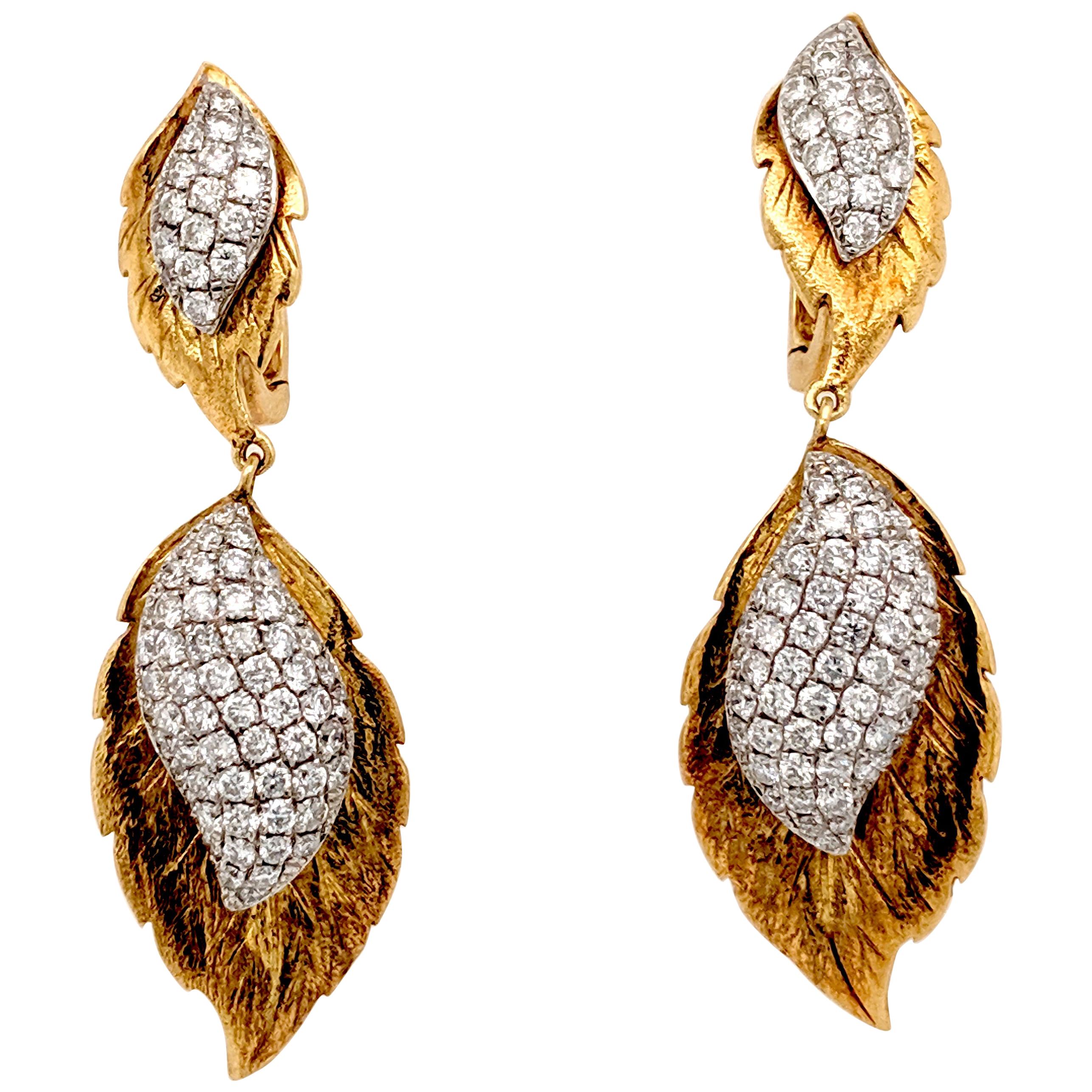 18 Karat Diamond Dangle Leaf Shaped Earrings For Sale