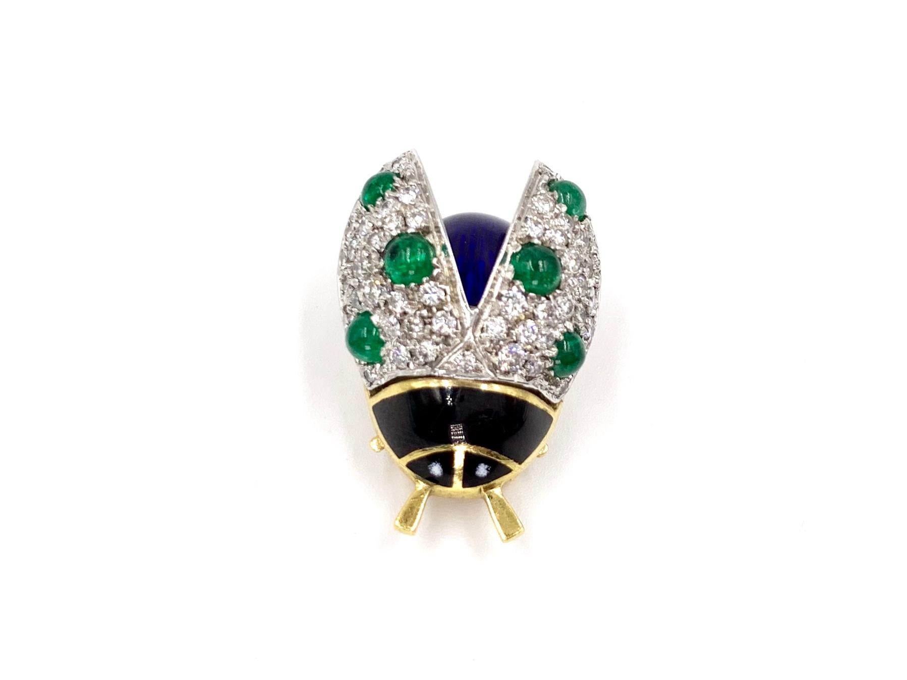 18 Karat Diamond, Emerald and Enamel Beetle Brooch In Good Condition For Sale In Pikesville, MD