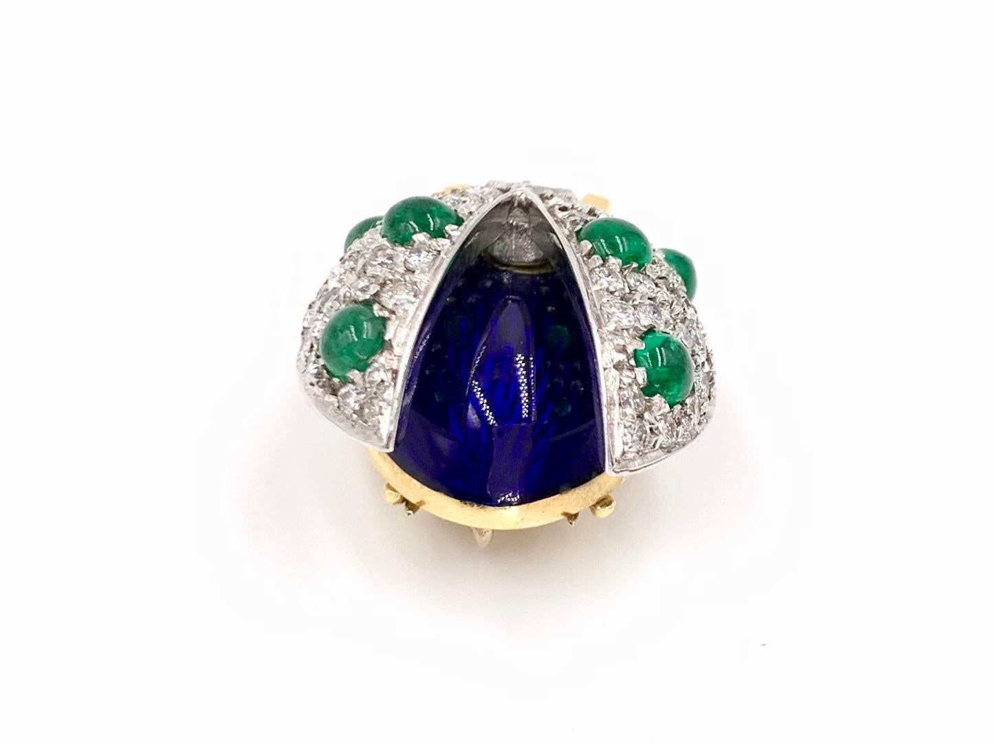 Women's or Men's 18 Karat Diamond, Emerald and Enamel Beetle Brooch For Sale